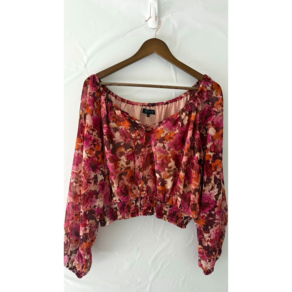 STATE Women's Off Shoulder Smocked Cropped Chiffon Puff Blouse Pink Orange M